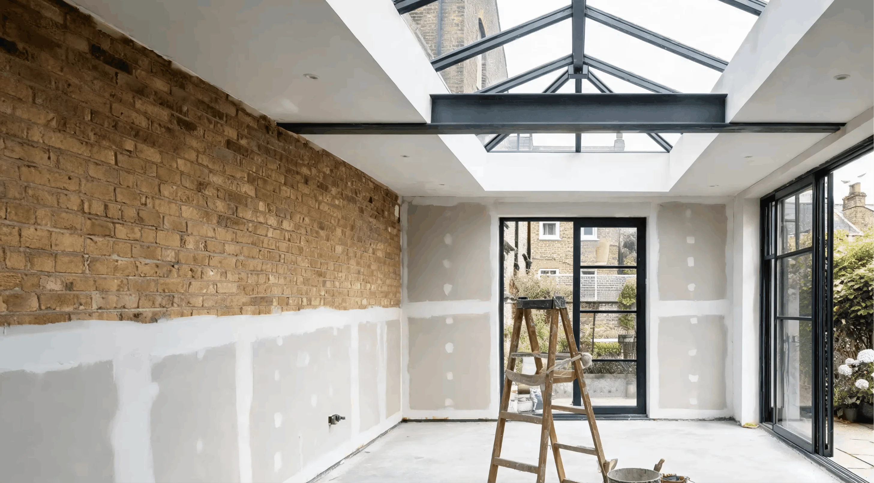 A freshly plastered extension under a glazed roof lantern, with exposed brick masked off on one wall and a ladder and paint left mid-job