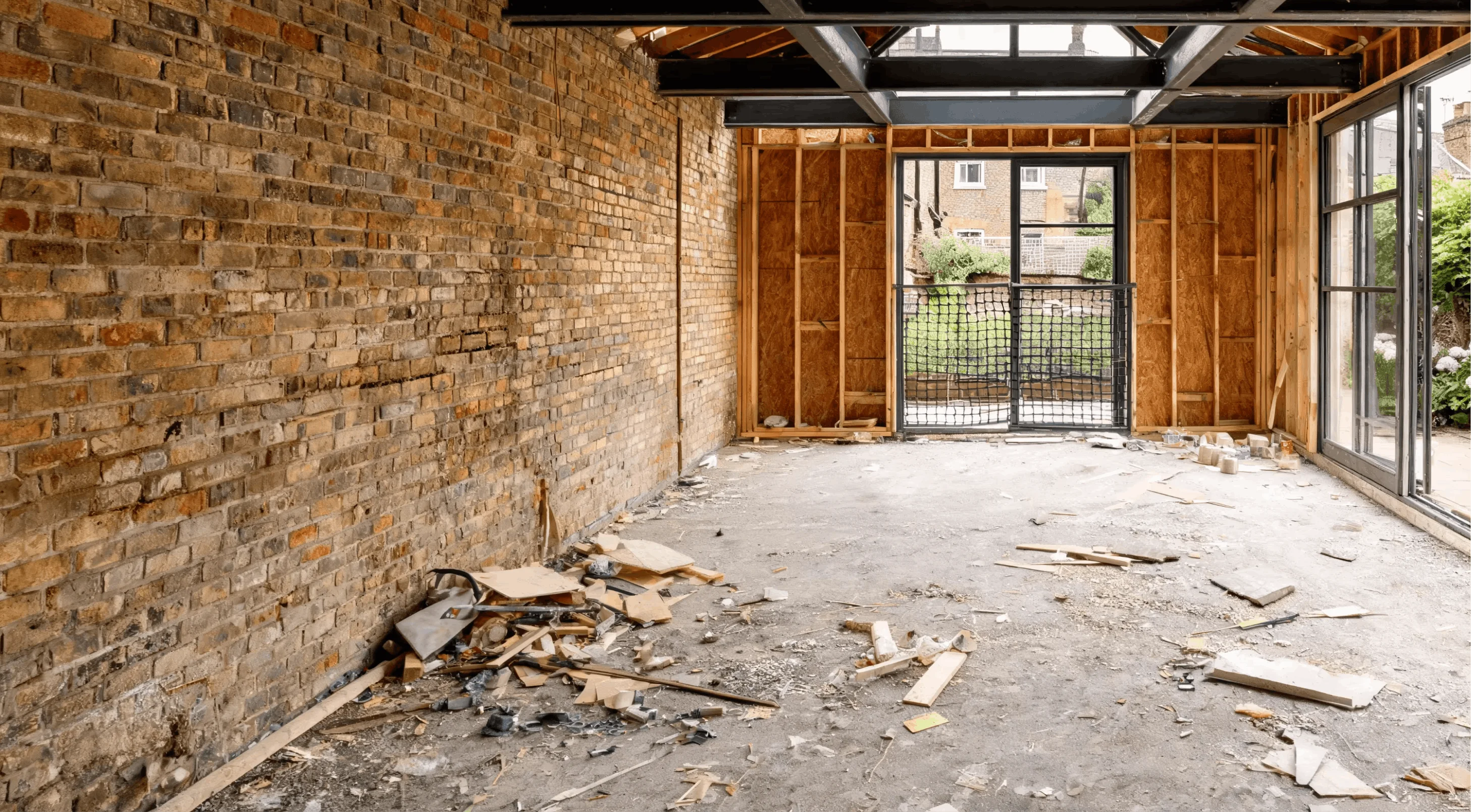 A pitched steel roof frame going up inside a stripped extension, with exposed brick on one side and timber stud framing for the garden doors on the other