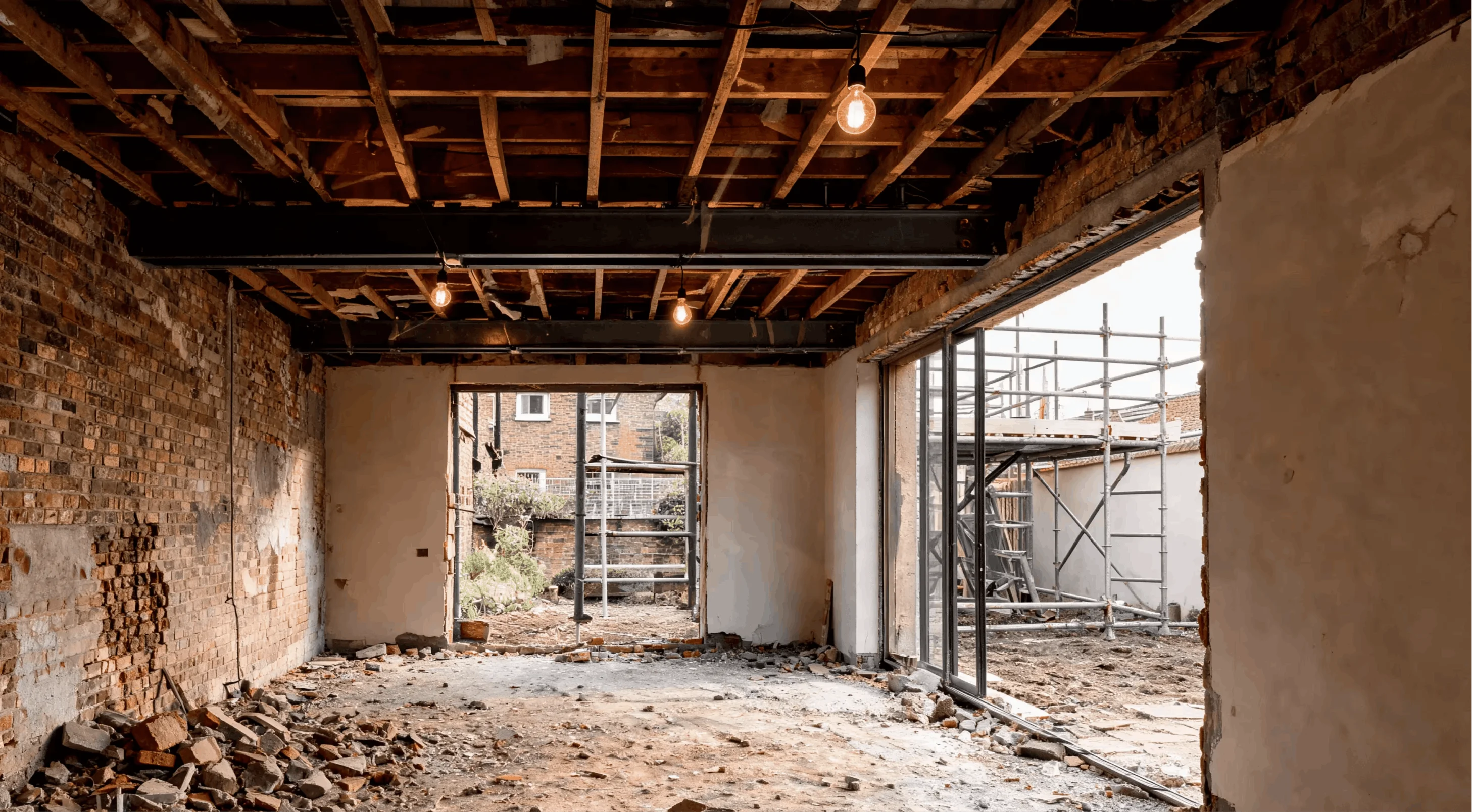 A stripped-out room with exposed brick, open joists and bare bulbs, looking through a rough opening onto scaffolding and the garden