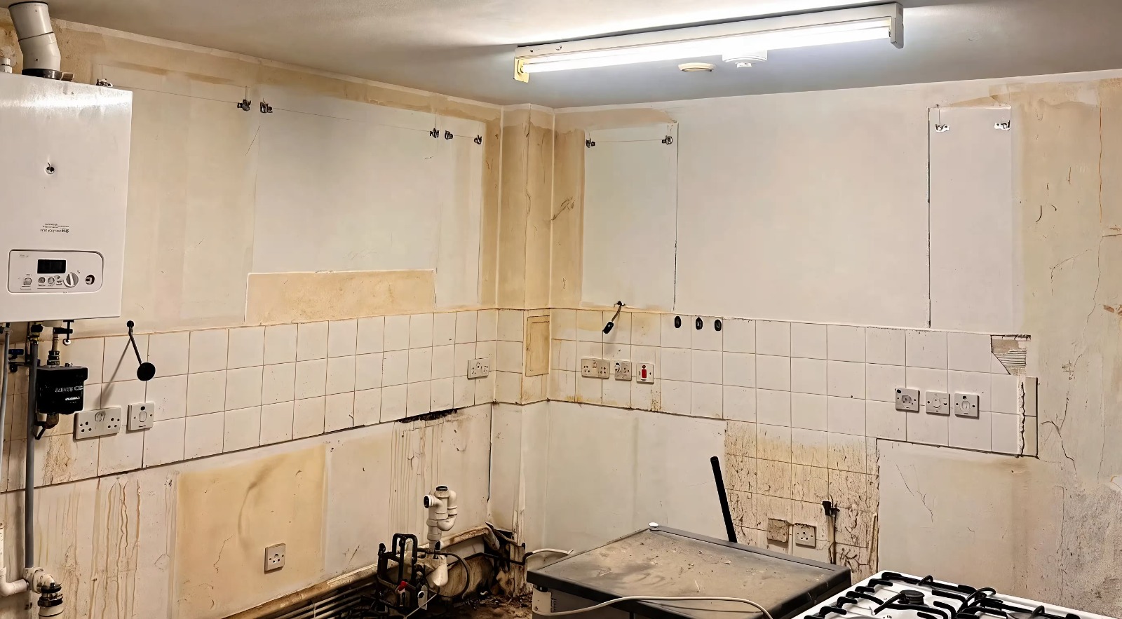 The open plan kitchen and living room seen end to end, with the cabinetry on the right and the slatted media wall on the left