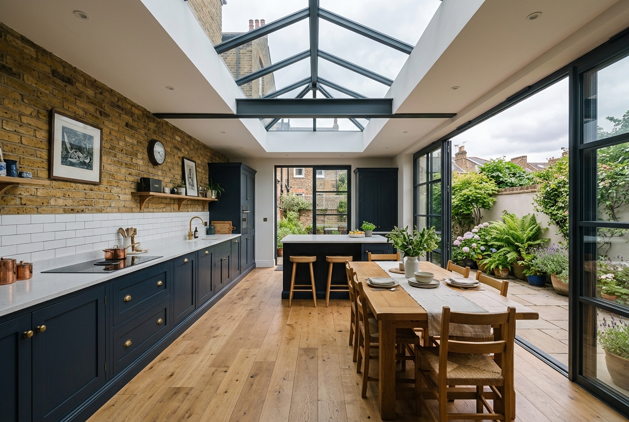 Open plan kitchen and dining room in a side return extension lit by a roof lantern