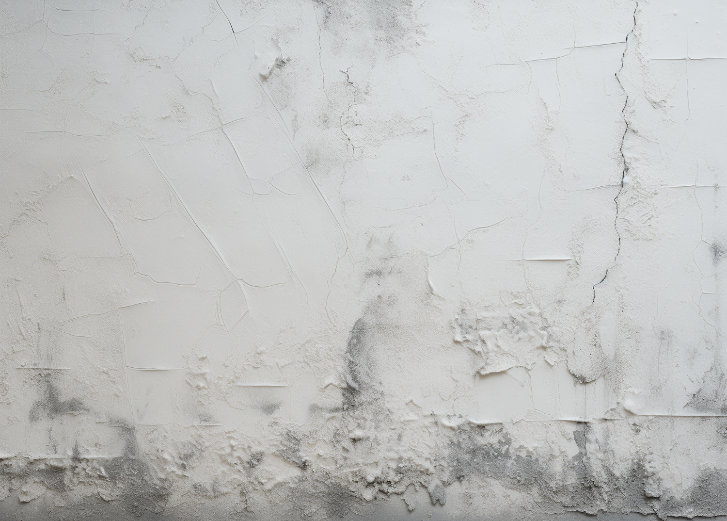 Rising damp at the base of a plastered wall, with blown plaster, salt staining and a tide mark above the skirting line